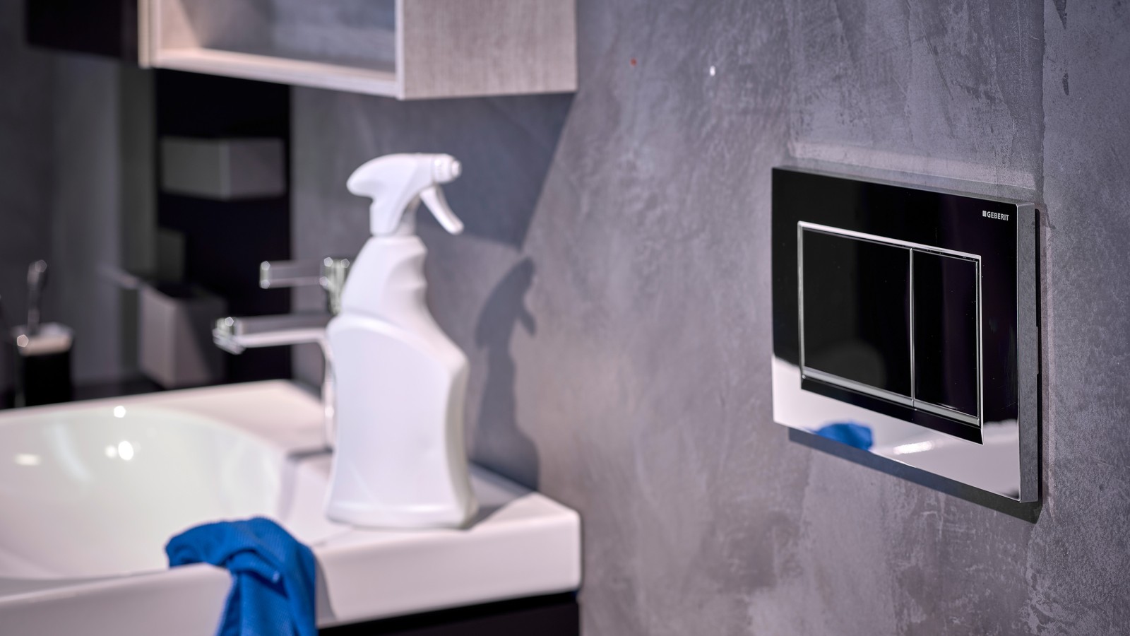 Cleaning agent and cloth in clean bathroom